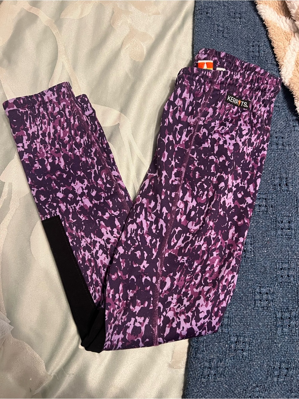 Kerrits Purple Patterned Girls Large Riding Leggings with Black Knee Patches